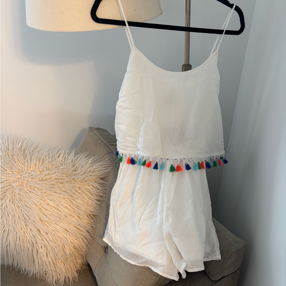 White Jumpsuit with Colorful Pom-Pom Trim